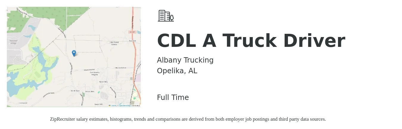 Albany Trucking job posting for a CDL A Truck Driver in Opelika, AL with a salary of $1,500 to $1,600 Weekly with a map of Opelika location.