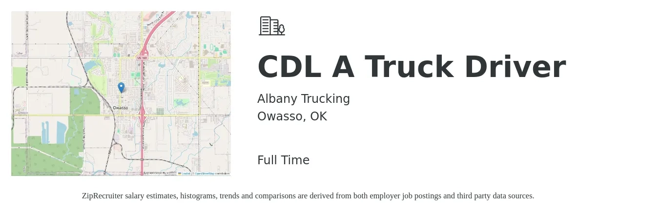 Albany Trucking job posting for a CDL A Truck Driver in Owasso, OK with a salary of $1,500 to $1,600 Weekly with a map of Owasso location.