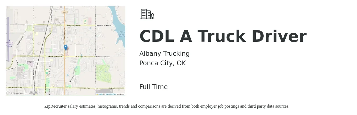 Albany Trucking job posting for a CDL A Truck Driver in Ponca City, OK with a salary of $1,500 to $1,600 Weekly with a map of Ponca City location.