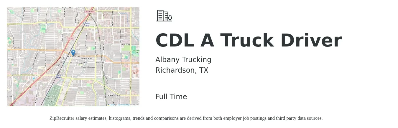 Albany Trucking job posting for a CDL A Truck Driver in Richardson, TX with a salary of $1,500 to $1,600 Weekly with a map of Richardson location.