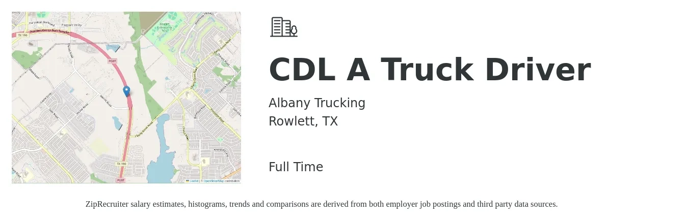 Albany Trucking job posting for a CDL A Truck Driver in Rowlett, TX with a salary of $1,500 to $1,600 Weekly with a map of Rowlett location.