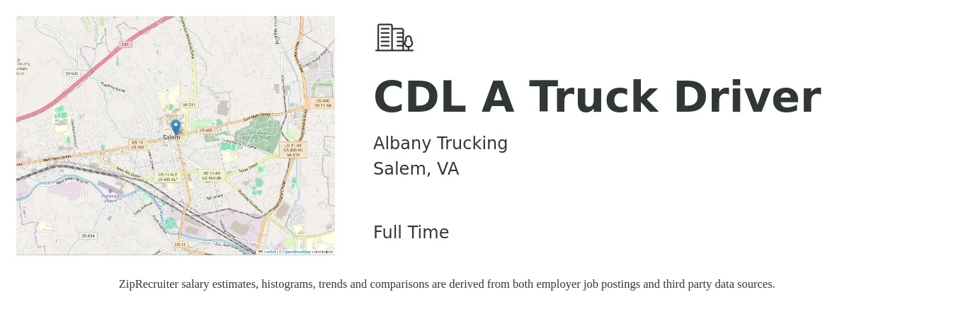 Albany Trucking job posting for a CDL A Truck Driver in Salem, VA with a salary of $1,500 to $1,600 Weekly with a map of Salem location.