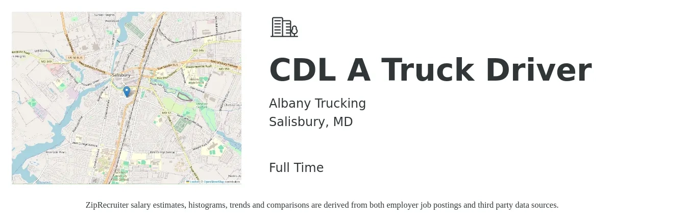 Albany Trucking job posting for a CDL A Truck Driver in Salisbury, MD with a salary of $1,500 to $1,600 Weekly with a map of Salisbury location.