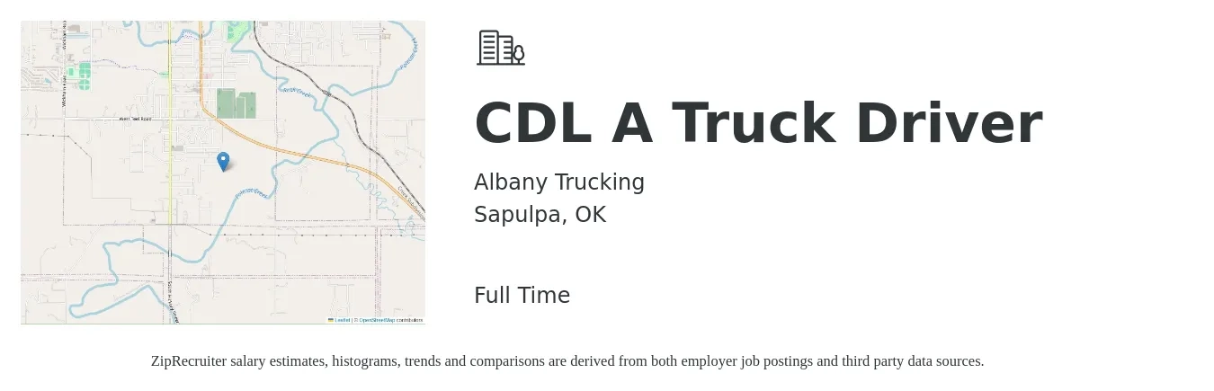 Albany Trucking job posting for a CDL A Truck Driver in Sapulpa, OK with a salary of $1,500 to $1,600 Weekly with a map of Sapulpa location.