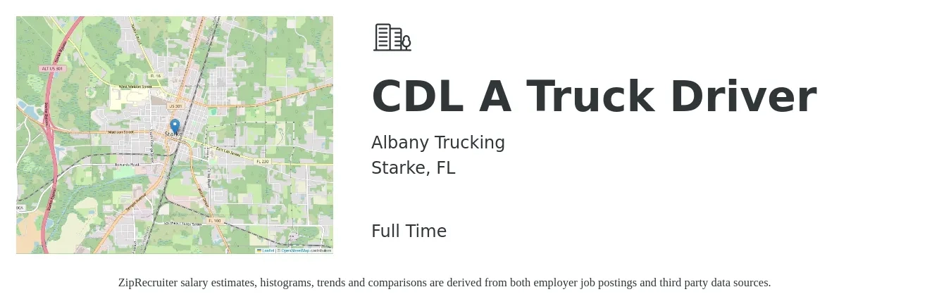 Albany Trucking job posting for a CDL A Truck Driver in Starke, FL with a salary of $1,500 to $1,600 Weekly with a map of Starke location.