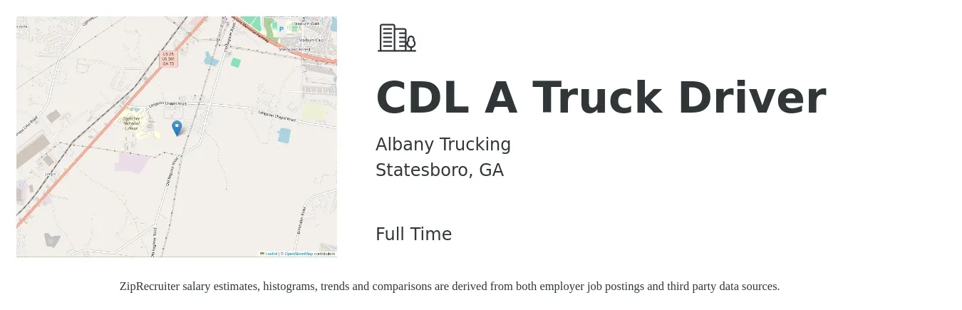 Albany Trucking job posting for a CDL A Truck Driver in Statesboro, GA with a salary of $1,500 to $1,600 Weekly with a map of Statesboro location.