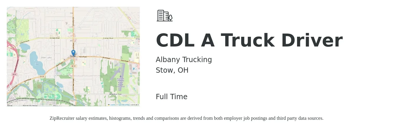 Albany Trucking job posting for a CDL A Truck Driver in Stow, OH with a salary of $1,500 to $1,600 Weekly with a map of Stow location.