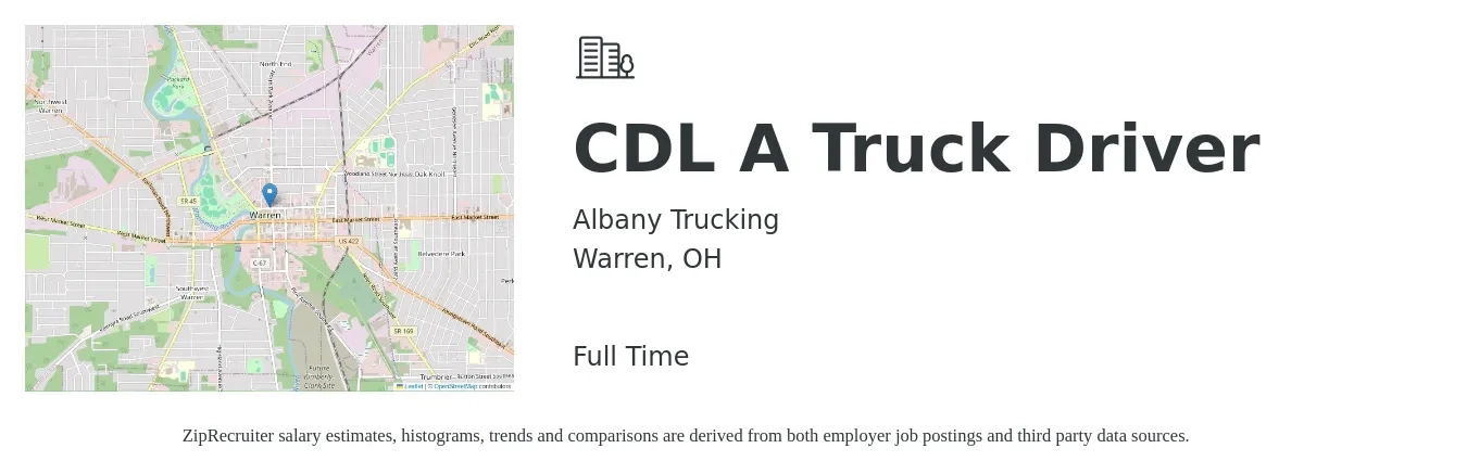 Albany Trucking job posting for a CDL A Truck Driver in Warren, OH with a salary of $1,500 to $1,600 Weekly with a map of Warren location.
