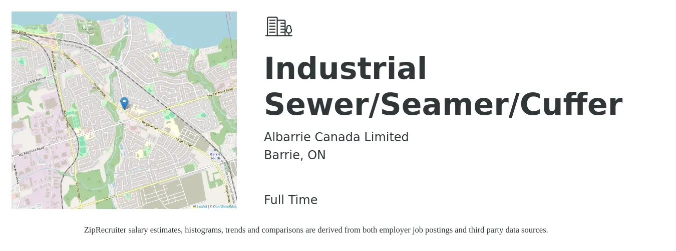 Albarrie Canada Limited job posting for a Industrial Sewer/Seamer/Cuffer in Barrie, ON with a map of Barrie location.