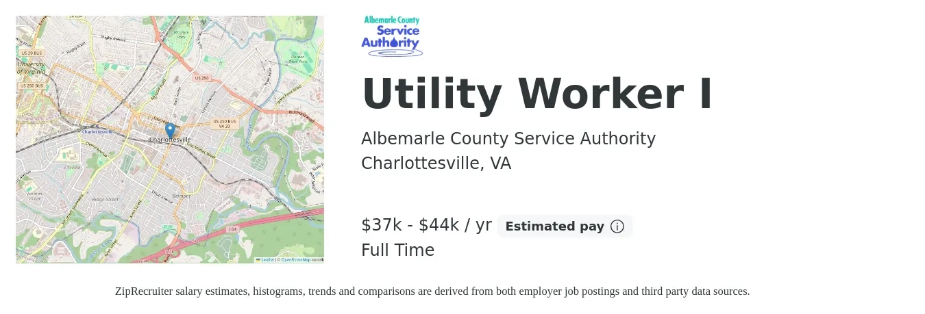 Albemarle County Service Authority job posting for a Utility Worker I in Charlottesville, VA with a salary of $37,485 to $44,982 Yearly with a map of Charlottesville location.