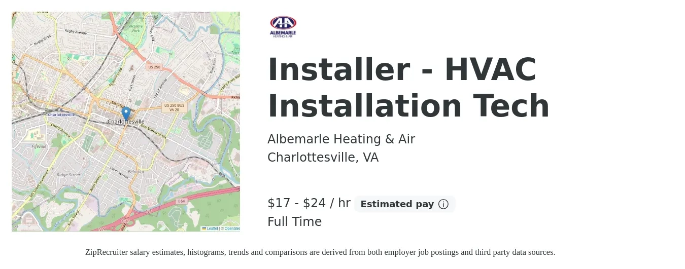 Albemarle Heating & Air job posting for a Installer - HVAC Installation Tech in Charlottesville, VA with a salary of $18 to $25 Hourly with a map of Charlottesville location.
