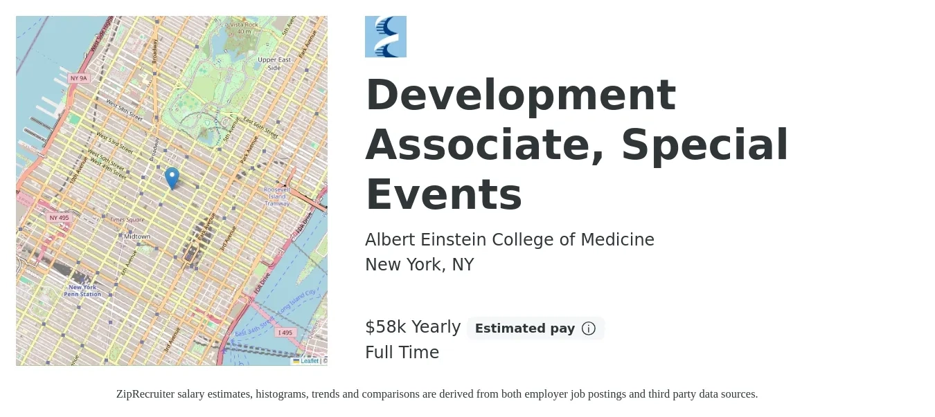 Albert Einstein College of Medicine job posting for a Development Associate, Special Events in New York, NY with a salary of $58,500 Yearly with a map of New York location.