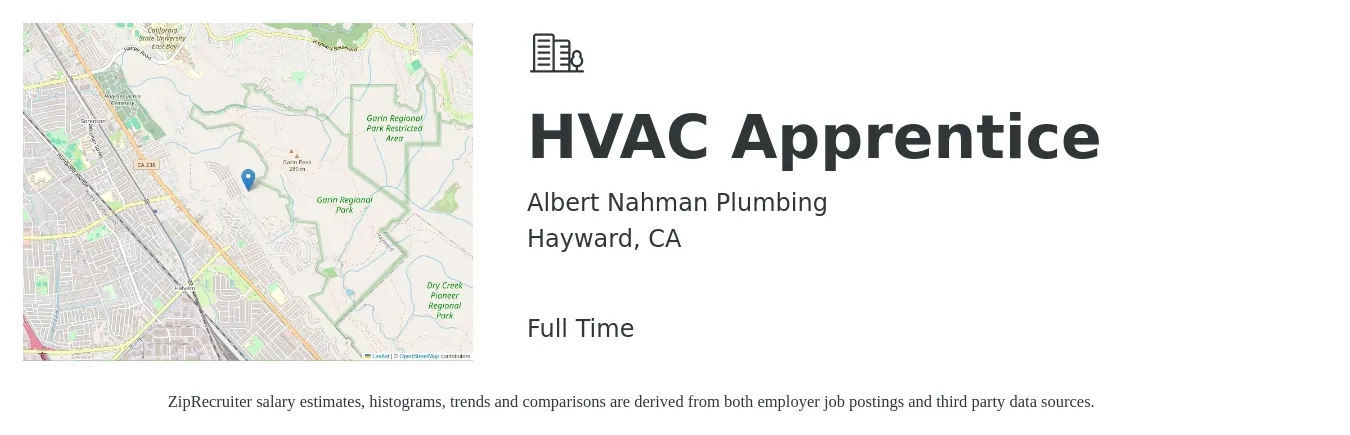 Albert Nahman Plumbing job posting for a HVAC Apprentice in Hayward, CA with a salary of $25 to $37 Hourly with a map of Hayward location.