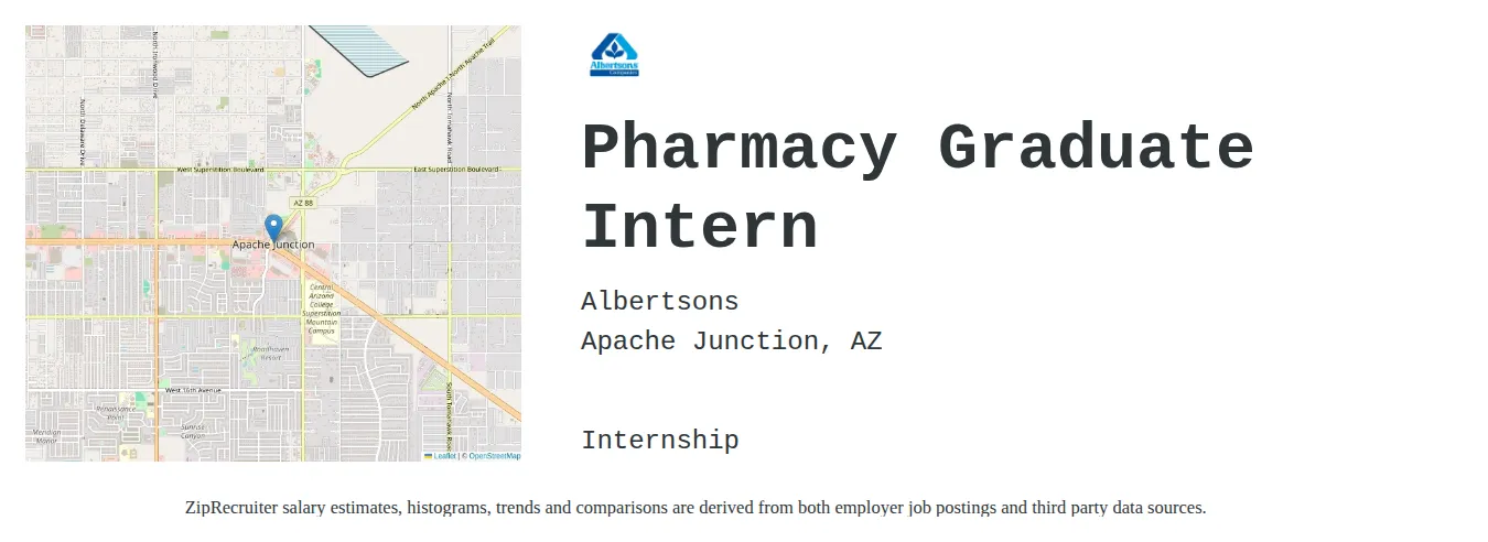 Albertsons job posting for a Pharmacy Graduate Intern in Apache Junction, AZ with a salary of $16 to $20 Hourly and benefits including Medical, Dental, PTO, and Retirement with a map of Apache Junction location.