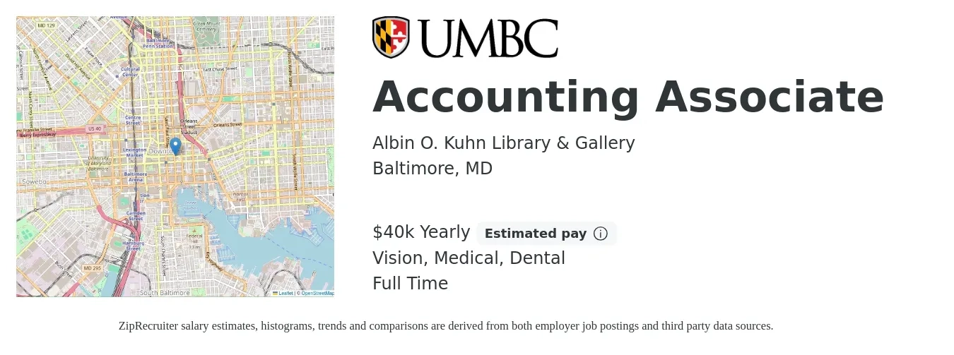 Albin O. Kuhn Library & Gallery job posting for a Accounting Associate in Baltimore, MD with a salary of $40,609 Yearly and benefits including dental, life_insurance, medical, pto, retirement, and vision with a map of Baltimore location.