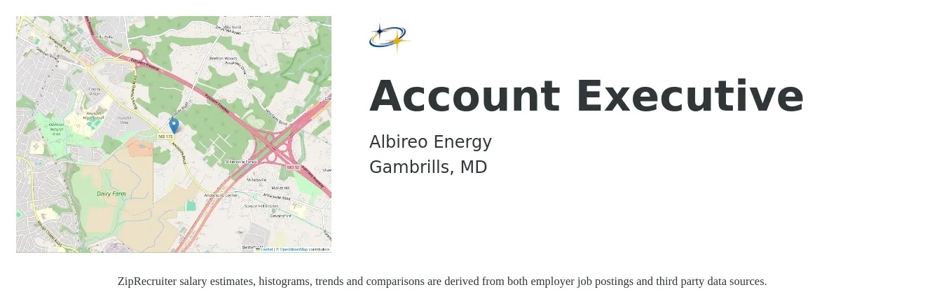 Albireo Energy job posting for a Account Executive in Gambrills, MD with a salary of $100,000 to $130,000 Yearly with a map of Gambrills location.