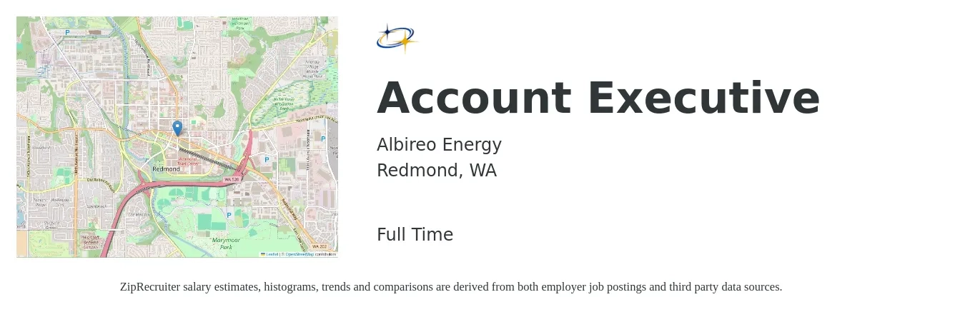 Albireo Energy job posting for a Account Executive in Redmond, WA with a salary of $90,000 to $110,000 Yearly with a map of Redmond location.