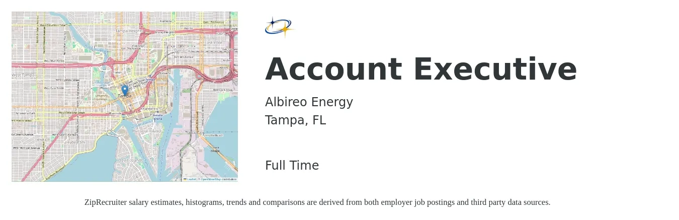 Albireo Energy job posting for a Account Executive in Tampa, FL with a salary of $51,000 to $89,800 Yearly with a map of Tampa location.