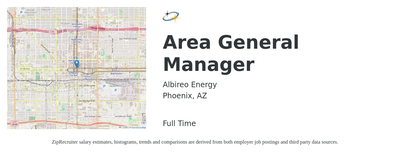 Albireo Energy job posting for a Area General Manager in Phoenix, AZ with a salary of $48,400 to $72,300 Yearly with a map of Phoenix location.