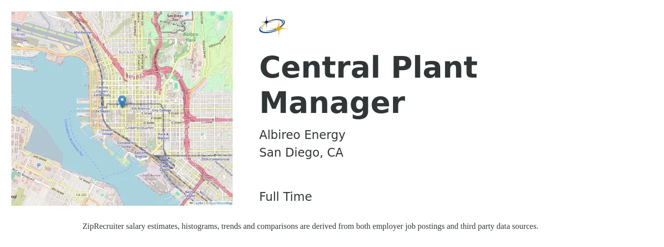 Albireo Energy job posting for a Central Plant Manager in San Diego, CA with a salary of $45 to $60 Hourly with a map of San Diego location.