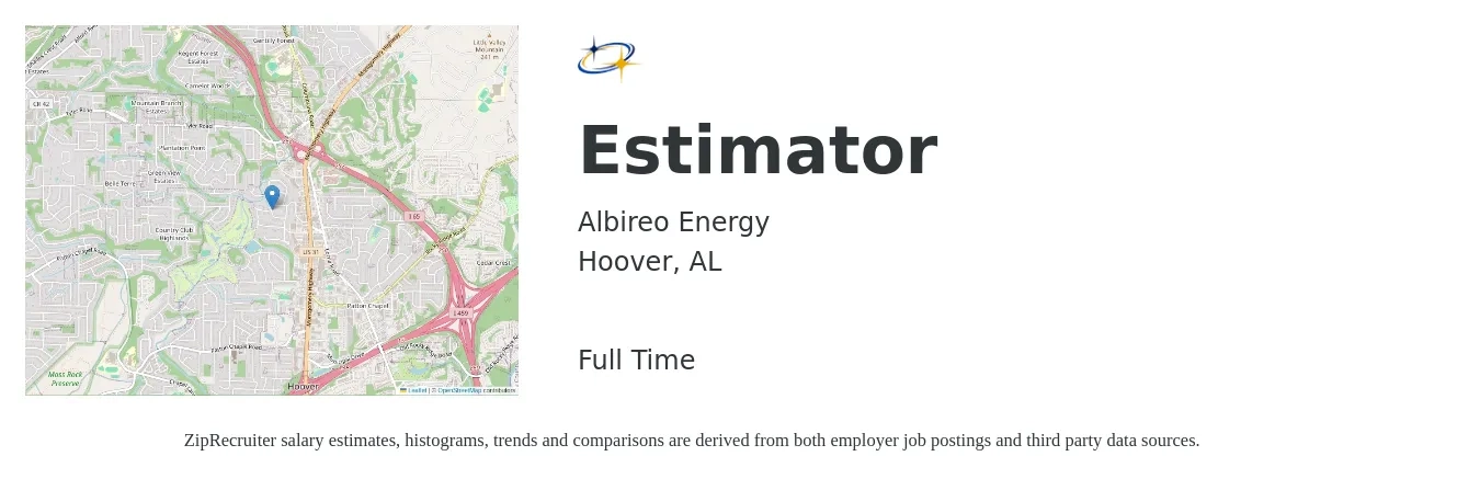 Albireo Energy job posting for a Estimator in Hoover, AL with a salary of $46,800 to $76,300 Yearly with a map of Hoover location.