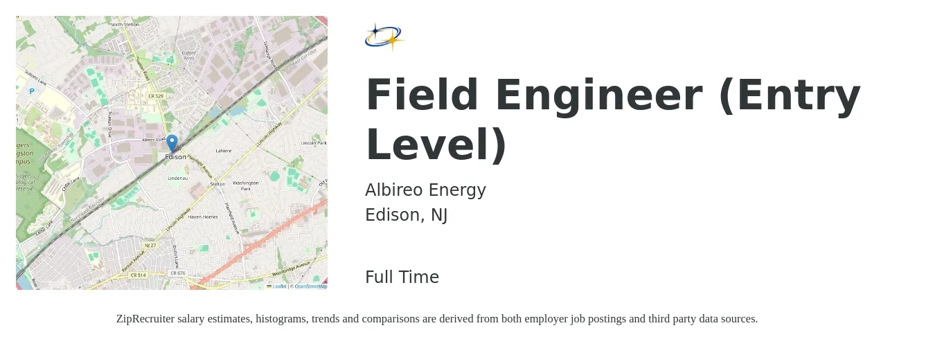 Albireo Energy job posting for a Field Engineer (Entry Level) in Edison, NJ with a salary of $31 to $36 Hourly with a map of Edison location.