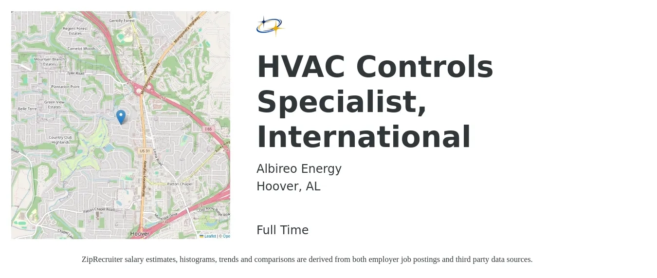 Albireo Energy job posting for a HVAC Controls Specialist, International in Hoover, AL with a salary of $27 to $35 Hourly with a map of Hoover location.