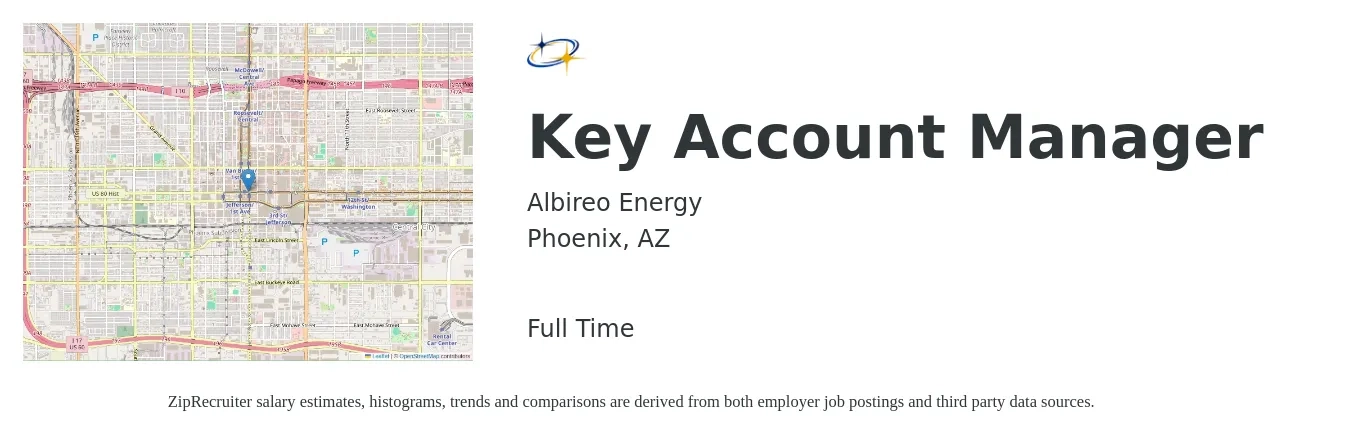 Albireo Energy job posting for a Key Account Manager in Phoenix, AZ with a salary of $72,500 to $110,200 Yearly with a map of Phoenix location.