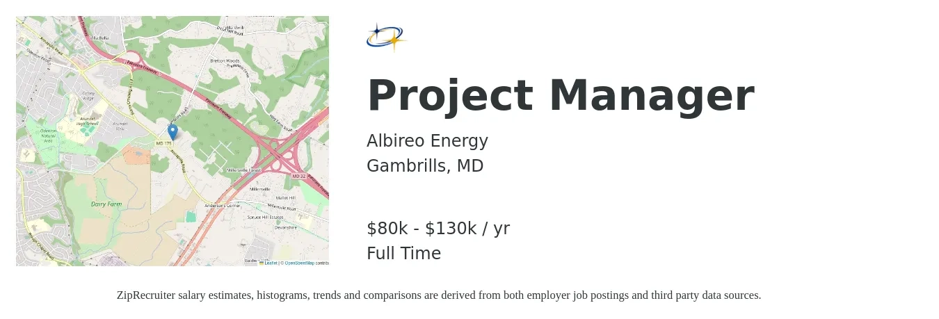 Albireo Energy job posting for a Project Manager in Gambrills, MD with a salary of $80,000 to $130,000 Yearly with a map of Gambrills location.