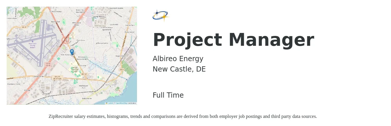 Albireo Energy job posting for a Project Manager in New Castle, DE with a salary of $75,900 to $118,900 Yearly with a map of New Castle location.