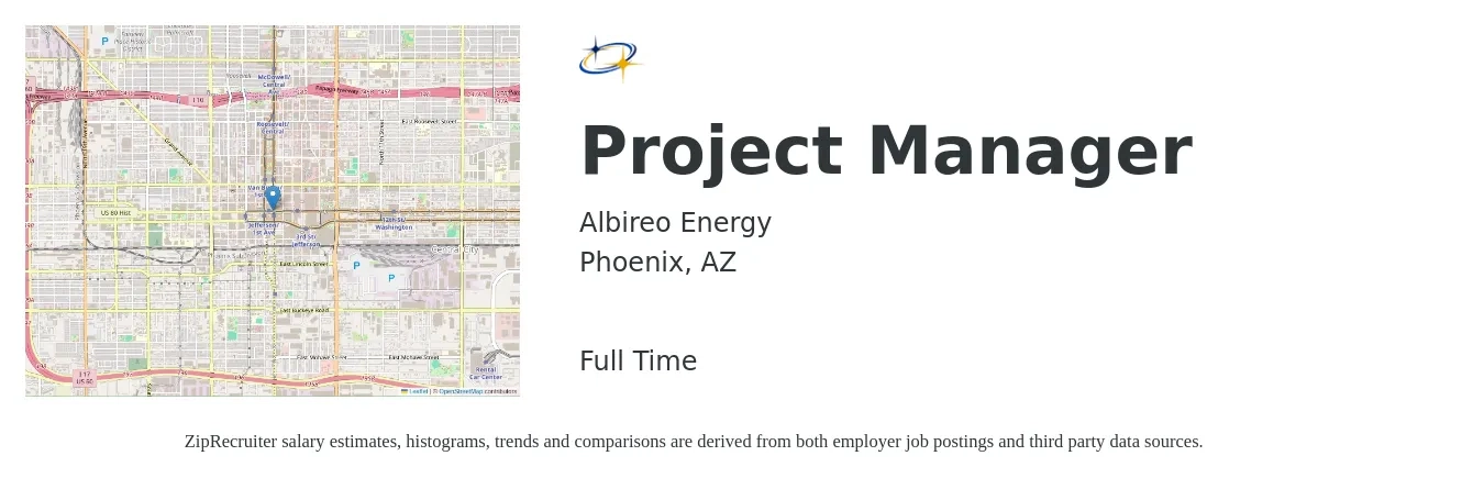 Albireo Energy job posting for a Project Manager in Phoenix, AZ with a salary of $77,900 to $122,100 Yearly with a map of Phoenix location.
