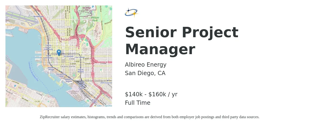 Albireo Energy job posting for a Senior Project Manager in San Diego, CA with a salary of $140,000 to $160,000 Yearly with a map of San Diego location.