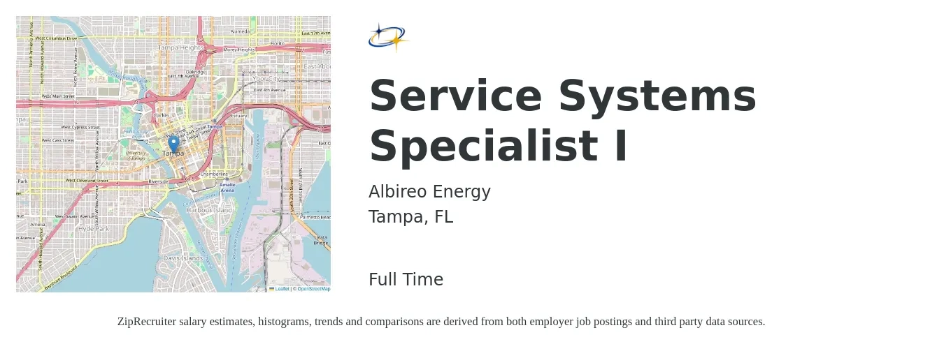 Albireo Energy job posting for a Service Systems Specialist I in Tampa, FL with a salary of $18 to $34 Hourly with a map of Tampa location.