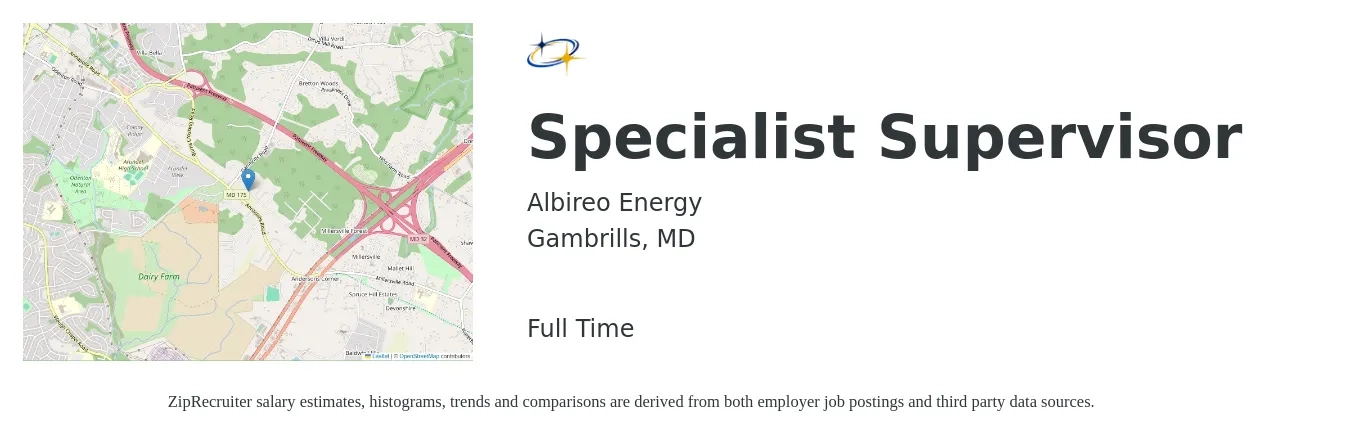 Albireo Energy job posting for a Specialist Supervisor in Gambrills, MD with a salary of $41,000 to $66,800 Yearly with a map of Gambrills location.