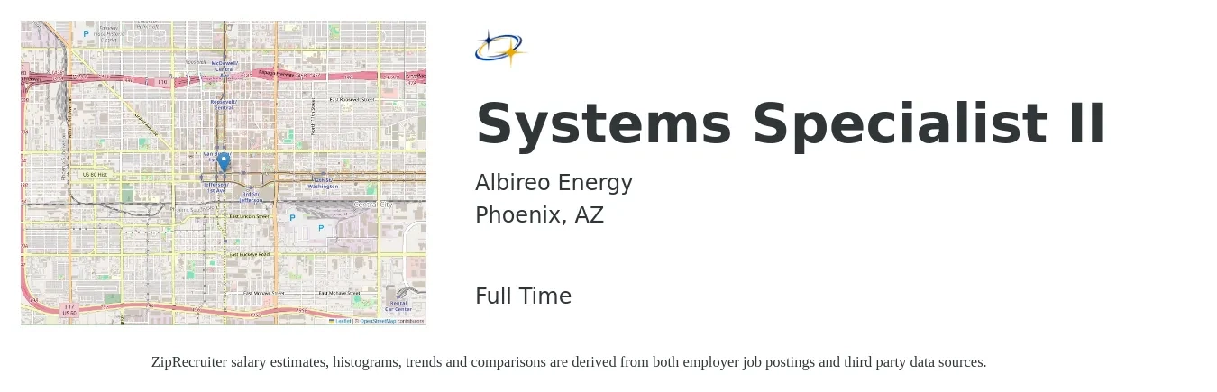 Albireo Energy job posting for a Systems Specialist II in Phoenix, AZ with a salary of $43,200 to $84,400 Yearly with a map of Phoenix location.