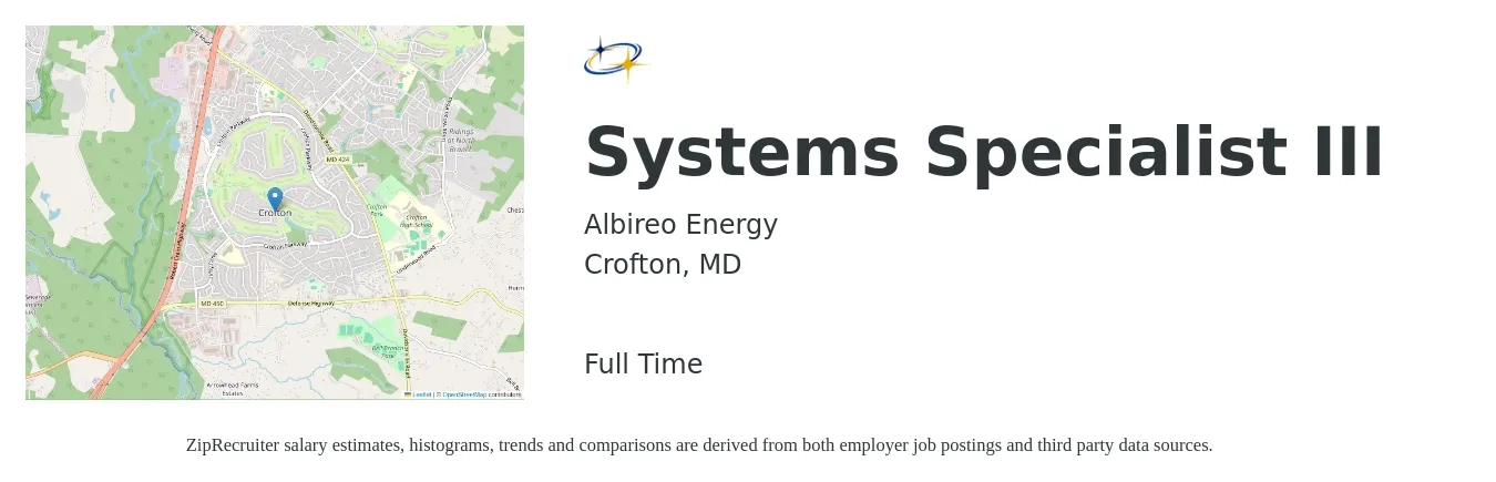 Albireo Energy job posting for a Systems Specialist III in Crofton, MD with a salary of $44,000 to $86,000 Yearly with a map of Crofton location.