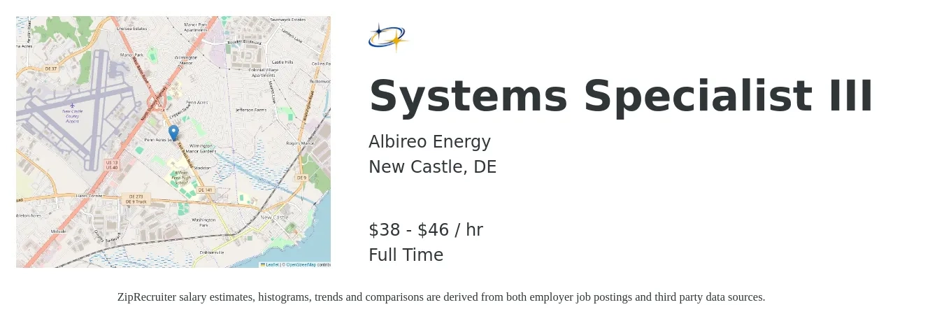Albireo Energy job posting for a Systems Specialist III in New Castle, DE with a salary of $40 to $48 Hourly with a map of New Castle location.