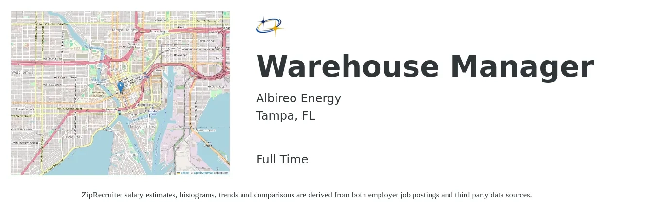 Albireo Energy job posting for a Warehouse Manager in Tampa, FL with a salary of $43,900 to $62,400 Yearly with a map of Tampa location.