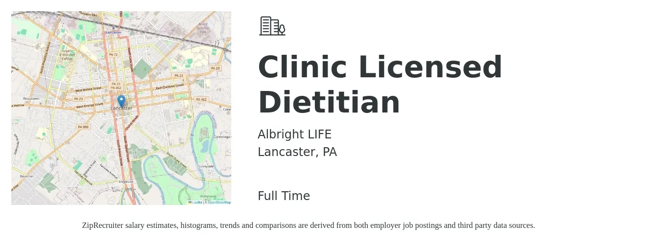 Albright LIFE job posting for a Clinic Licensed Dietitian in Lancaster, PA with a salary of $51,500 to $76,300 Yearly with a map of Lancaster location.