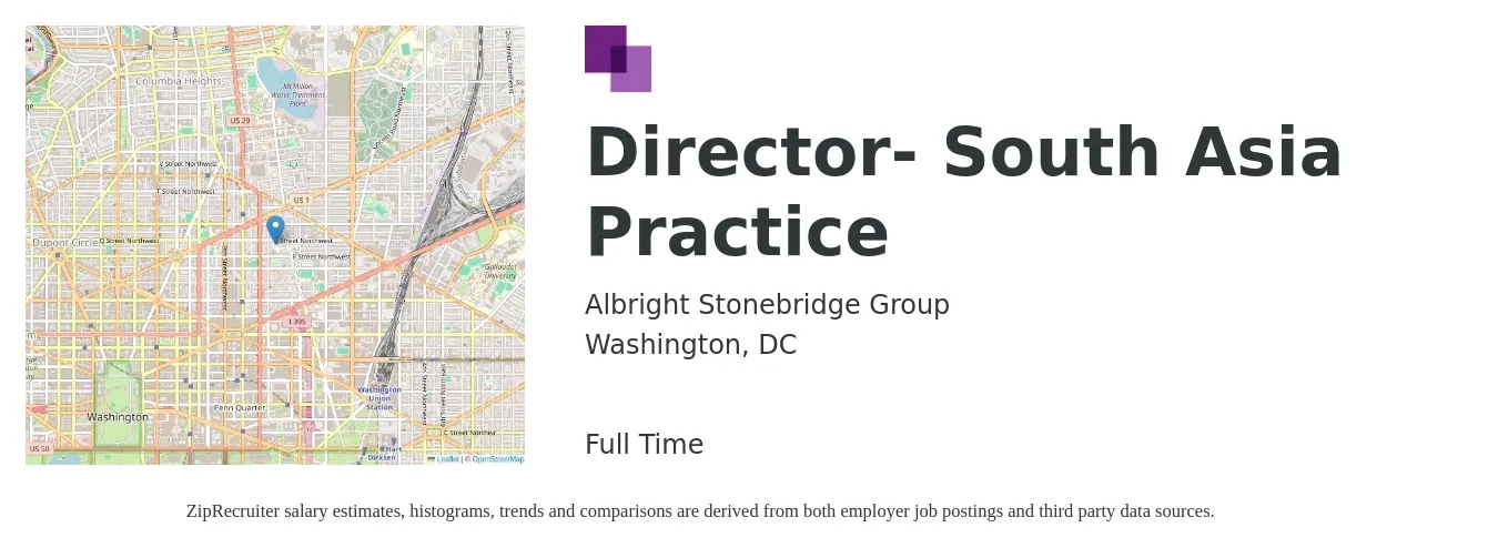 Albright Stonebridge Group job posting for a Director- South Asia Practice in Washington, DC with a salary of $108,300 to $197,500 Yearly with a map of Washington location.