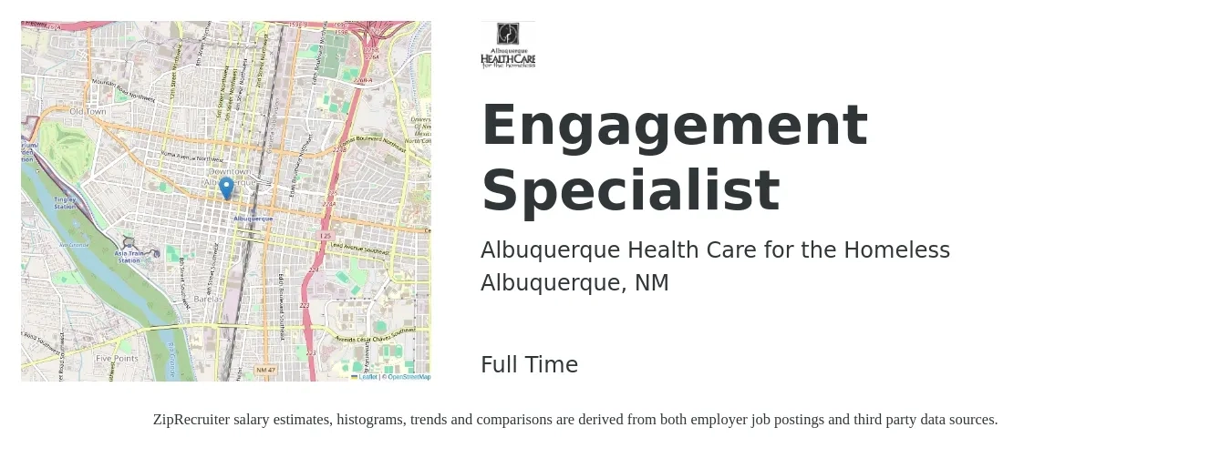 Albuquerque Health Care for the Homeless job posting for a Engagement Specialist in Albuquerque, NM with a salary of $36,300 to $41,600 Yearly with a map of Albuquerque location.