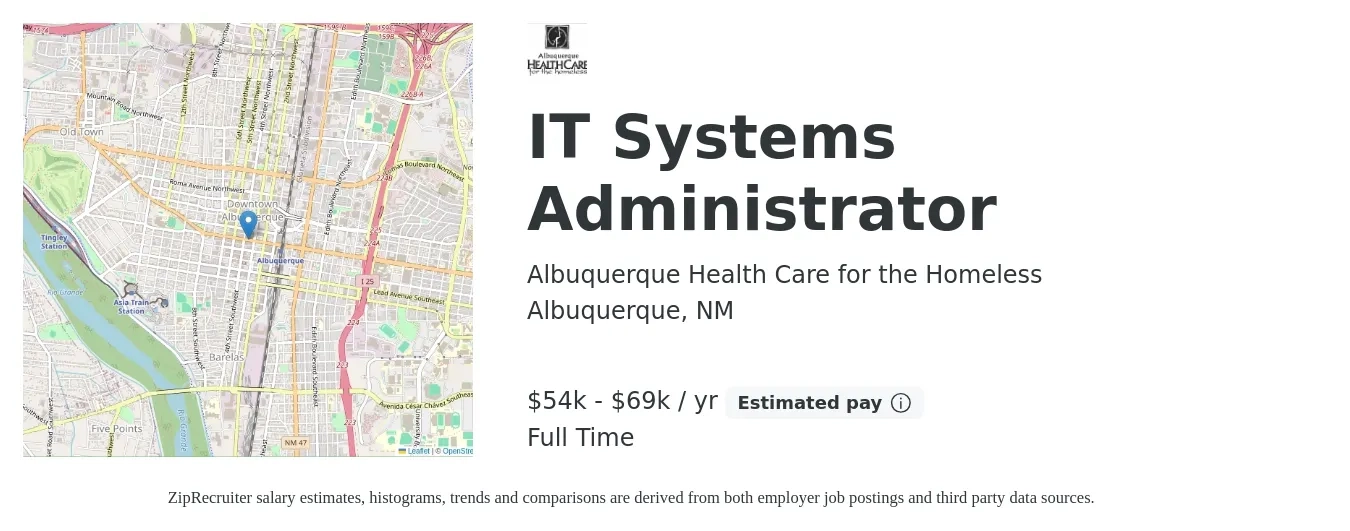 Albuquerque Health Care for the Homeless job posting for a IT Systems Administrator in Albuquerque, NM with a salary of $54,000 to $69,000 Yearly with a map of Albuquerque location.