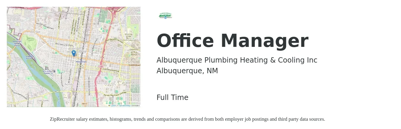 Albuquerque Plumbing Heating & Cooling Inc job posting for a Office Manager in Albuquerque, NM with a salary of $38,800 to $57,200 Yearly with a map of Albuquerque location.