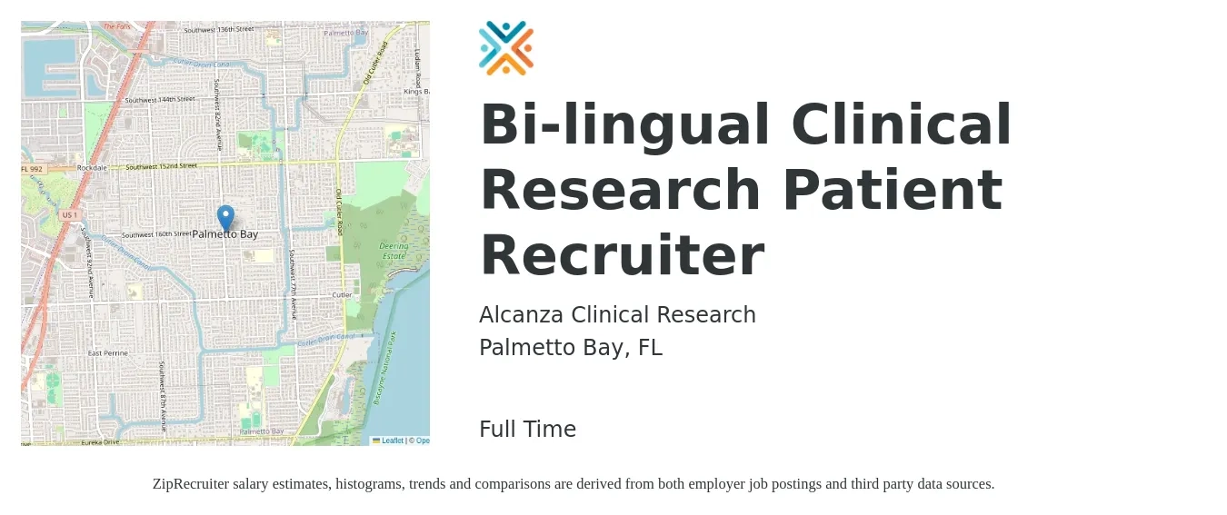 Alcanza Clinical Research job posting for a Bi-lingual Clinical Research Patient Recruiter in Palmetto Bay, FL with a salary of $24 to $37 Hourly with a map of Palmetto Bay location.