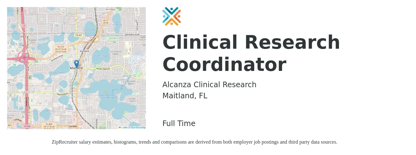 Alcanza Clinical Research job posting for a Clinical Research Coordinator in Maitland, FL with a salary of $22 to $30 Hourly with a map of Maitland location.