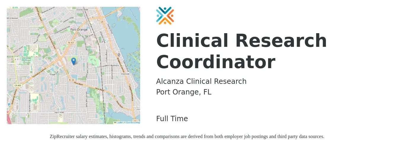 Alcanza Clinical Research job posting for a Clinical Research Coordinator in Port Orange, FL with a salary of $21 to $28 Hourly with a map of Port Orange location.