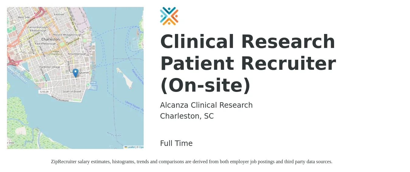 Alcanza Clinical Research job posting for a Clinical Research Patient Recruiter (On-site) in Charleston, SC with a salary of $23 to $36 Hourly with a map of Charleston location.