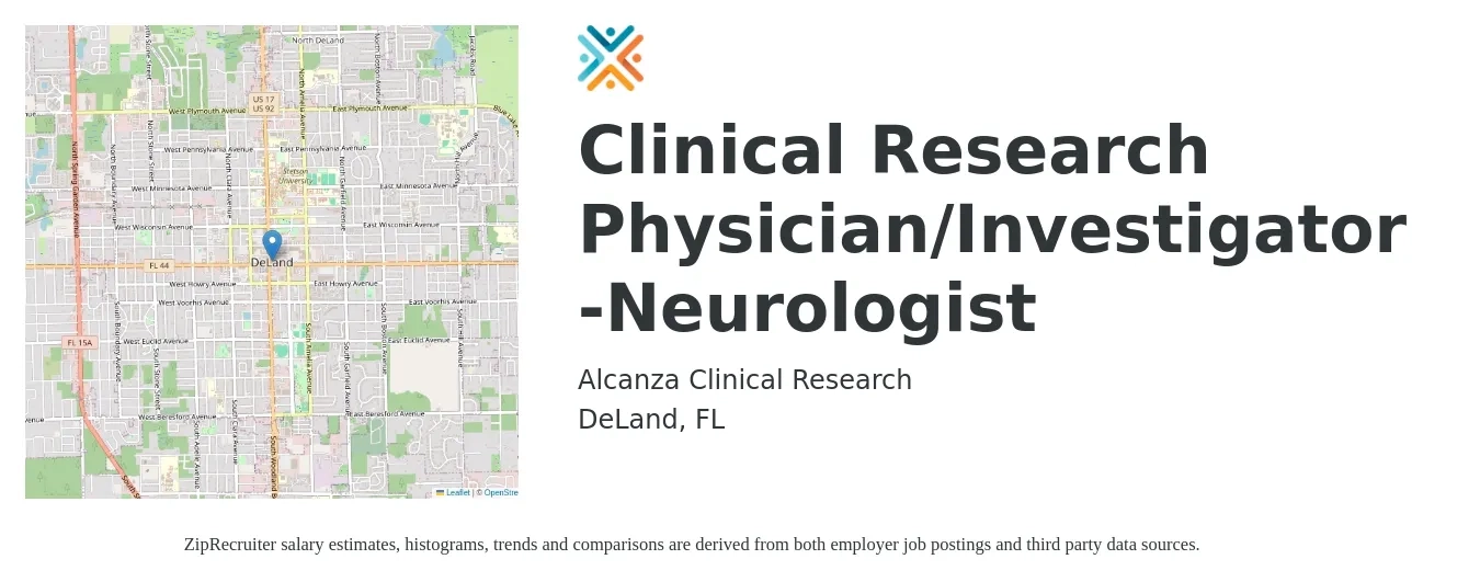 Alcanza Clinical Research job posting for a Clinical Research Physician/Investigator -Neurologist in DeLand, FL with a salary of $55 to $69 Hourly with a map of DeLand location.