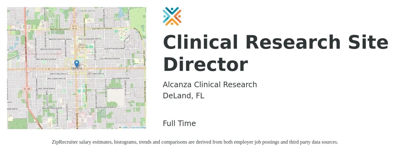 Alcanza Clinical Research job posting for a Clinical Research Site Director in DeLand, FL with a salary of $30 to $66 Hourly with a map of DeLand location.