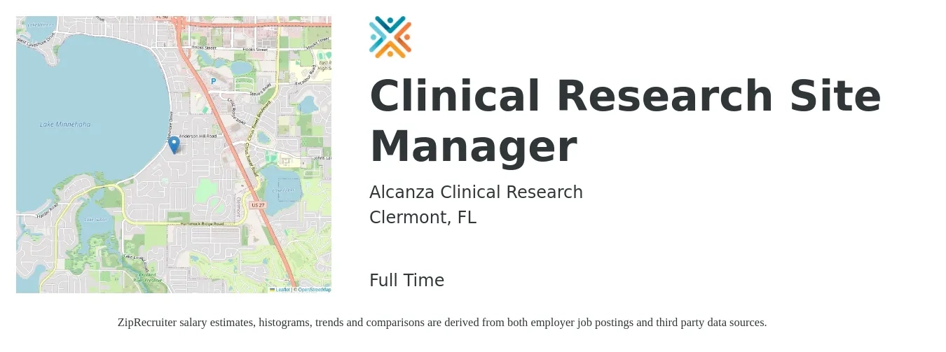 Alcanza Clinical Research job posting for a Clinical Research Site Manager in Clermont, FL with a salary of $72,300 to $109,300 Yearly with a map of Clermont location.